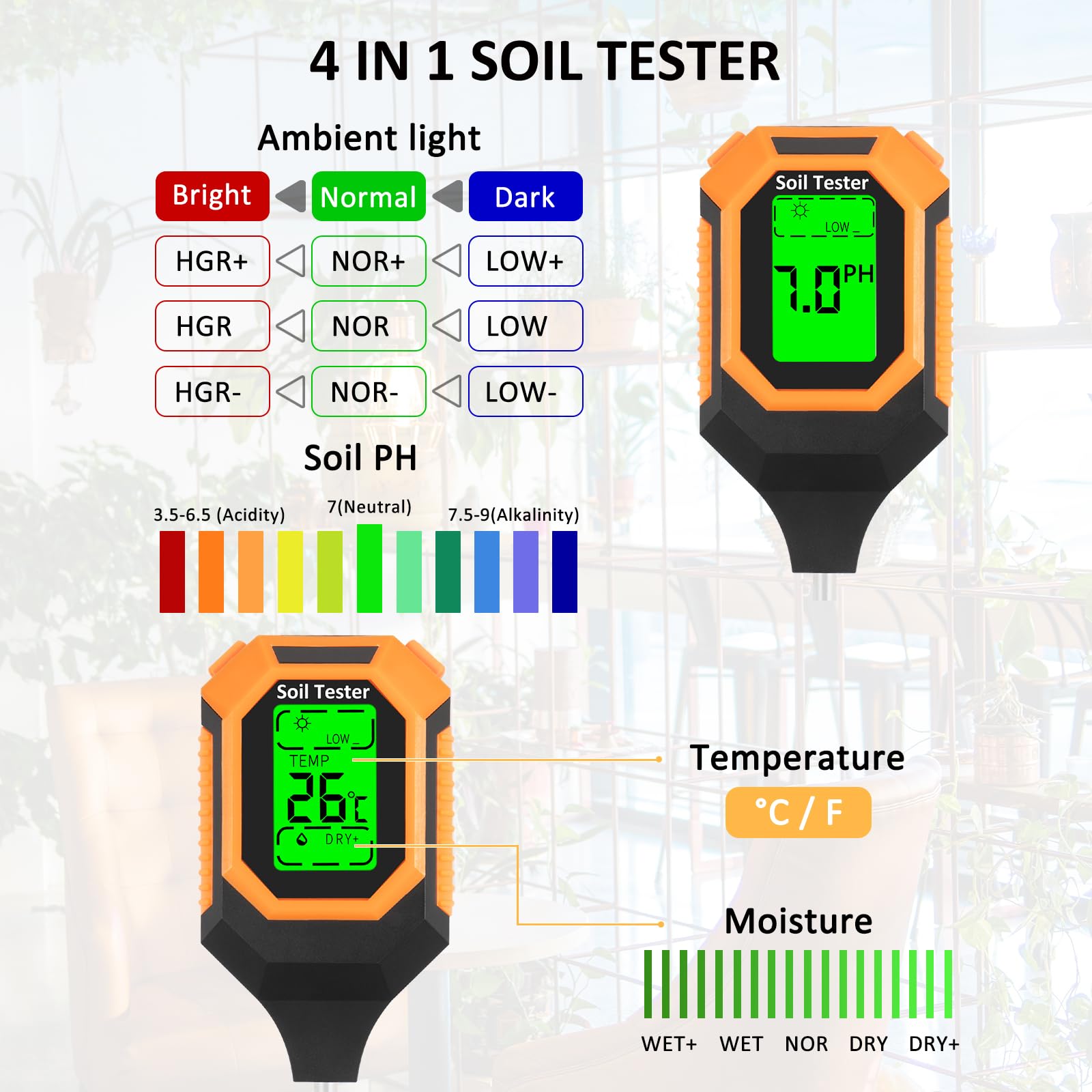4-in-1 Digital Soil Moisture & pH Meter with LCD Display