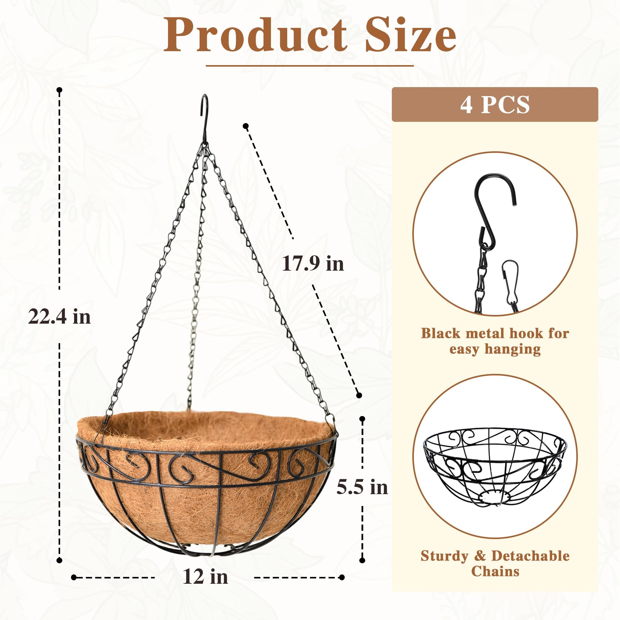 4 Pack Hanging Planter for Outdoor Plants 14 inch Metal Hanging Flower Basket with Coco Coir Liner Round Wire Plant Holder Chain Flower Pots Indoor Outdoor Garden Decoration Watering Hanging Baskets