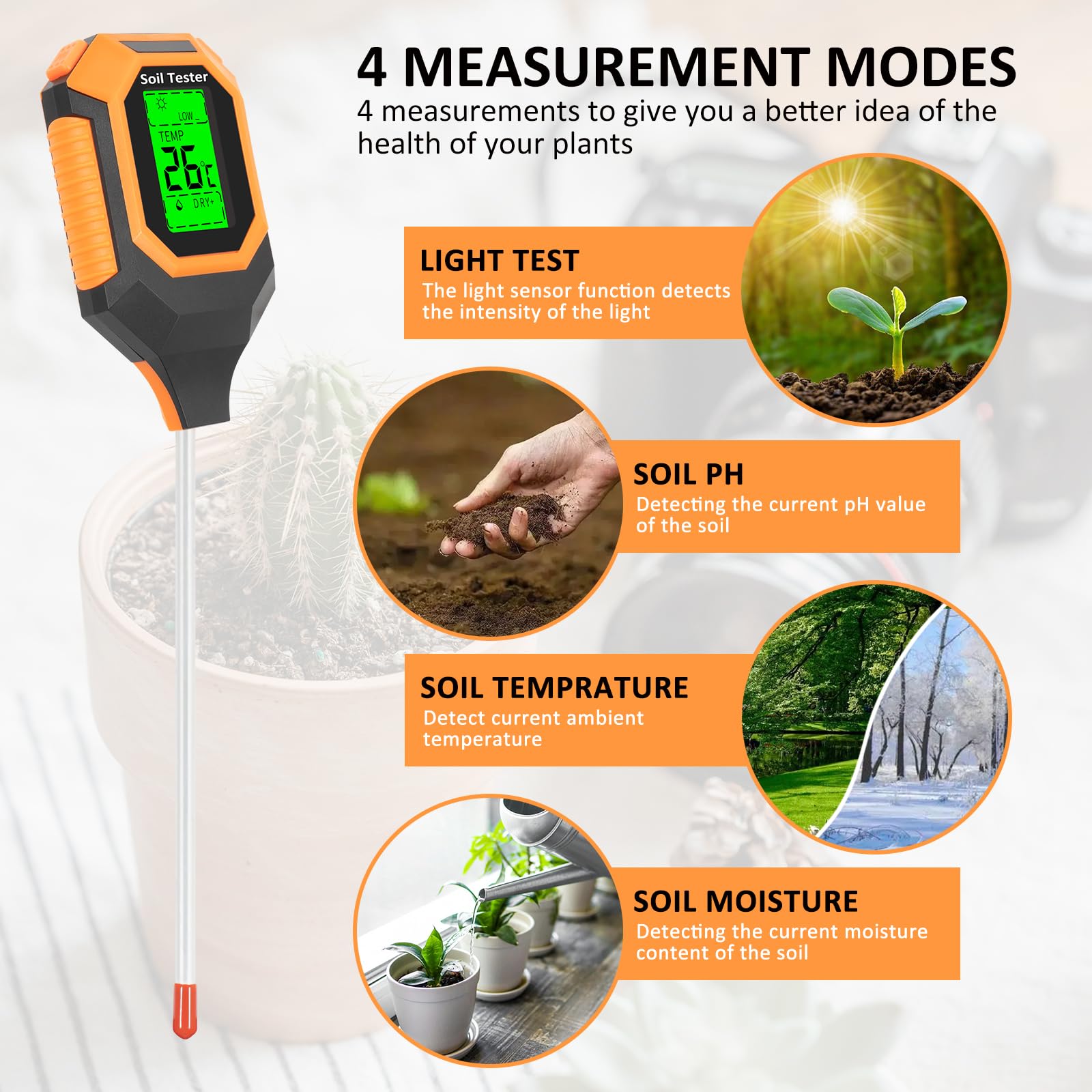 4-in-1 Digital Soil Moisture & pH Meter with LCD Display