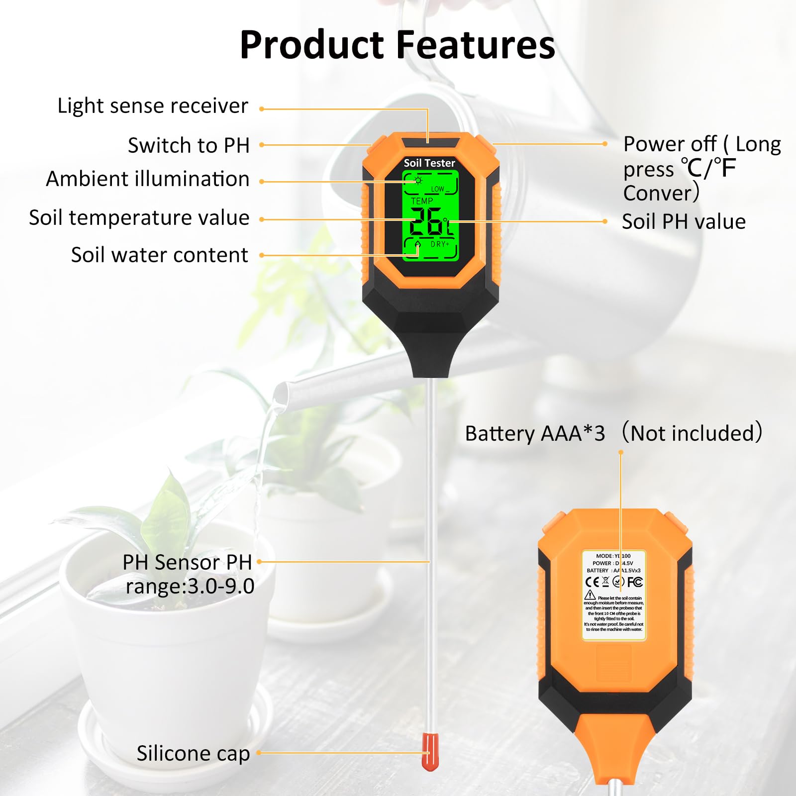 4-in-1 Digital Soil Moisture & pH Meter with LCD Display