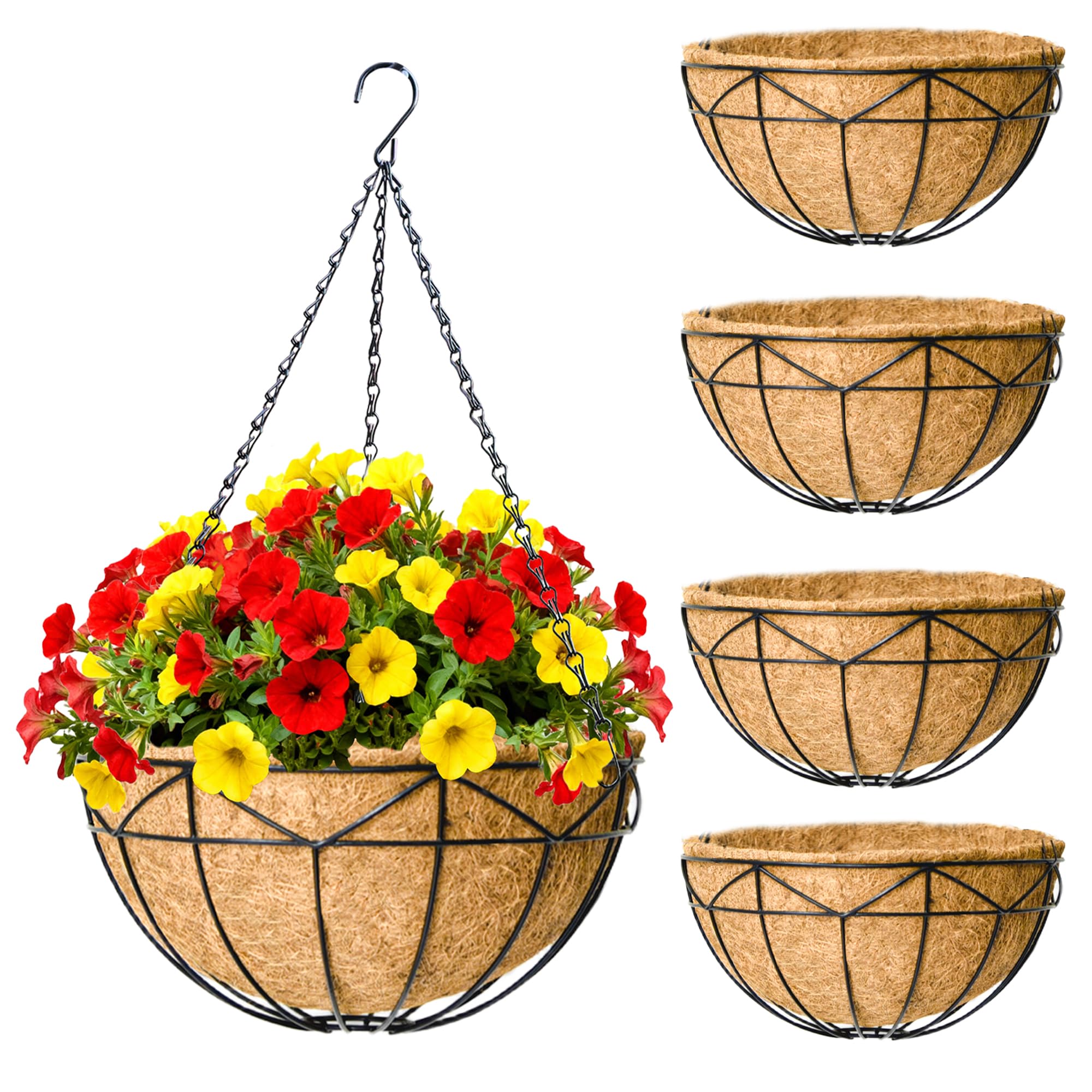 4-Pack Wire Hanging Planters with Coco Coir Liners