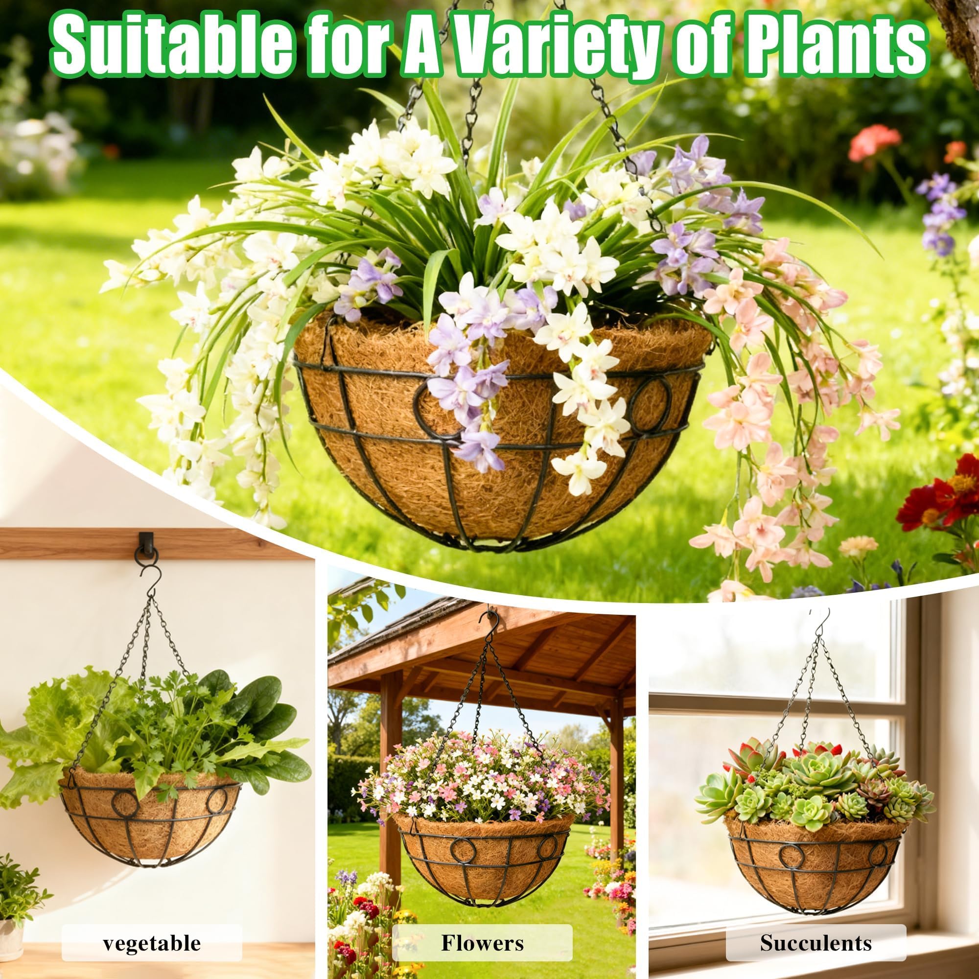 4-Pack Metal Hanging Planters with Coconut Liners