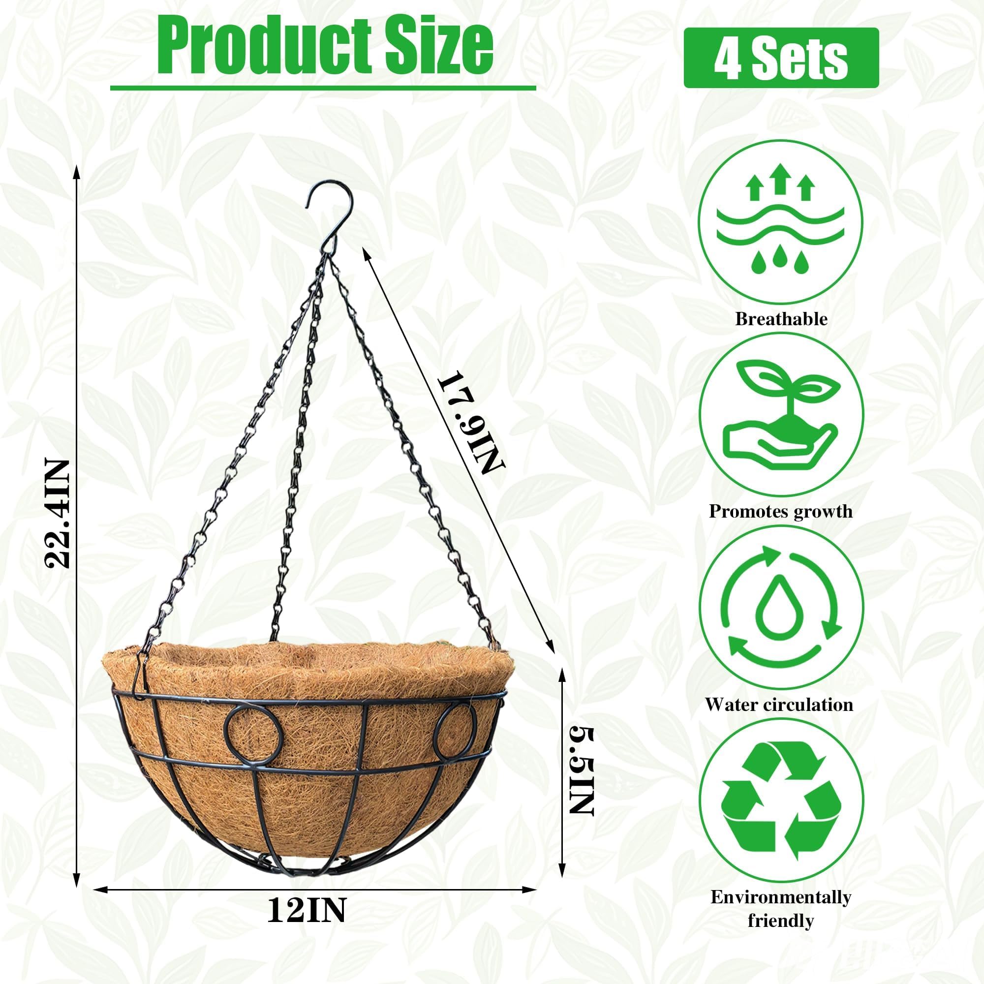 4-Pack Metal Hanging Planters with Coconut Liners