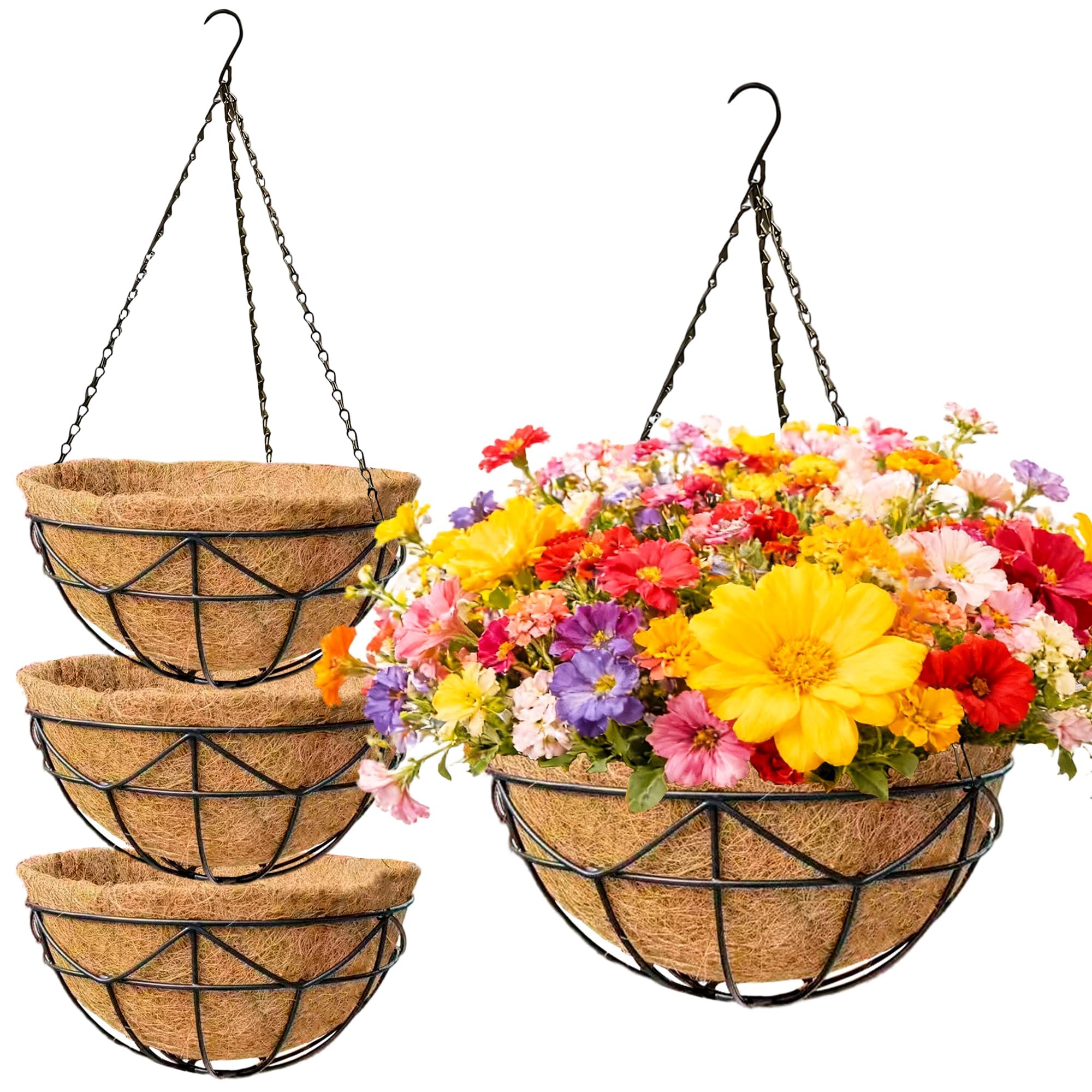4-Pack Metal Hanging Planters with Coconut Liners