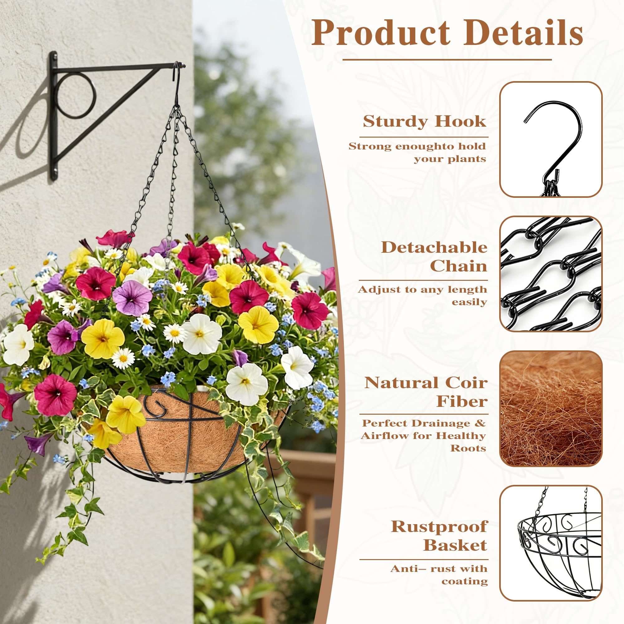 4 Pack Hanging Planter for Outdoor Plants 14 inch Metal Hanging Flower Basket with Coco Coir Liner Round Wire Plant Holder Chain Flower Pots Indoor Outdoor Garden Decoration Watering Hanging Baskets