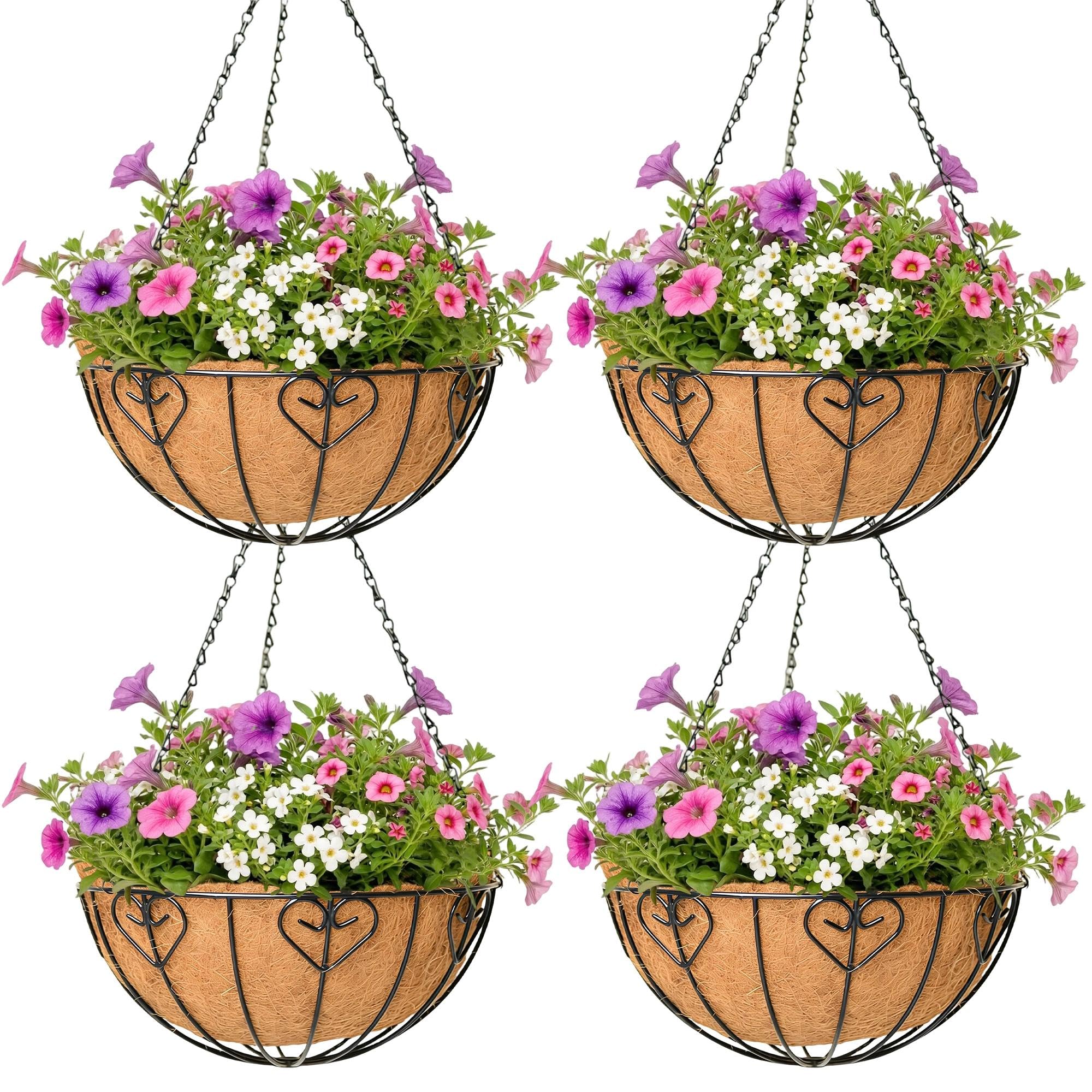 4 Pack Hanging Planter for Outdoor Plants 14 inch Metal Hanging Flower Basket with Coco Coir Liner Round Wire Plant Holder Chain Flower Pots Indoor Outdoor Garden Decoration Watering Hanging Baskets