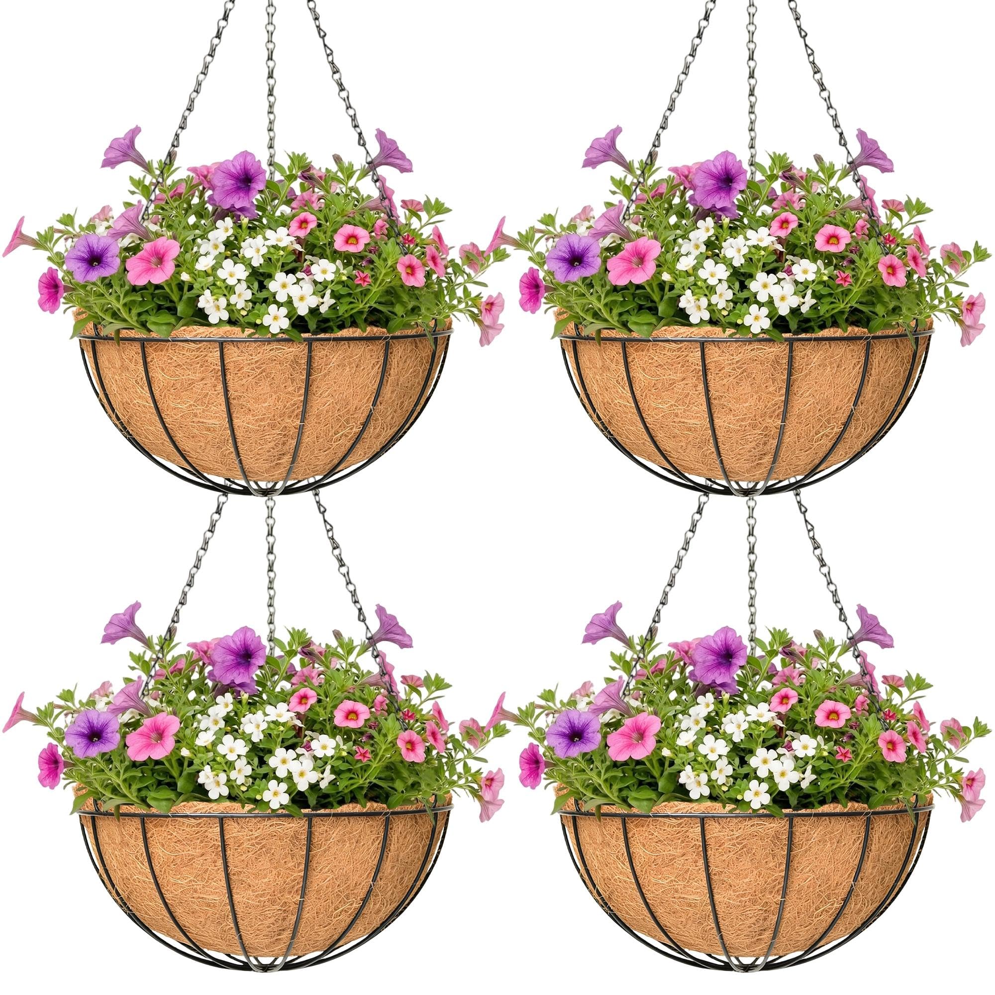 4 Pack Hanging Planter for Outdoor Plants 14 inch Metal Hanging Flower Basket with Coco Coir Liner Round Wire Plant Holder Chain Flower Pots Indoor Outdoor Garden Decoration Watering Hanging Baskets