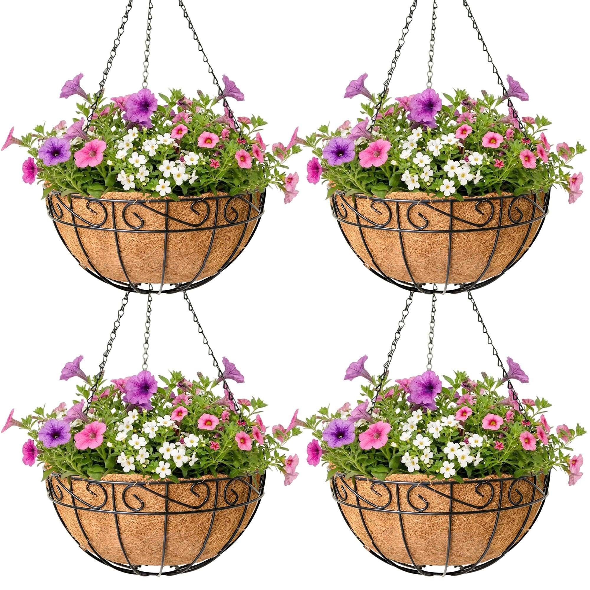 4 Pack Hanging Planter for Outdoor Plants 14 inch Metal Hanging Flower Basket with Coco Coir Liner Round Wire Plant Holder Chain Flower Pots Indoor Outdoor Garden Decoration Watering Hanging Baskets